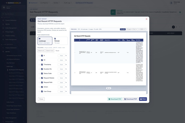 Live Report Print and export modal with PDF preview