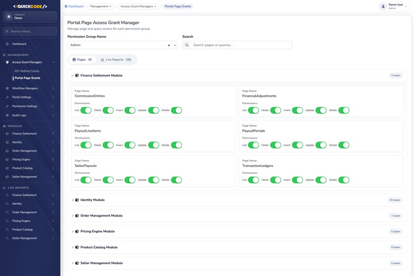 Portal page access grants for roles and permissions