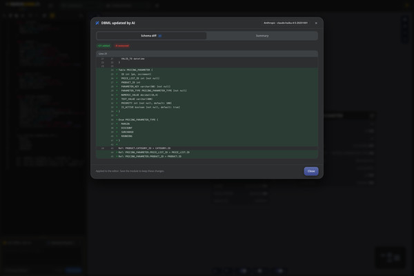 Edit DBML with AI result modal showing the schema diff