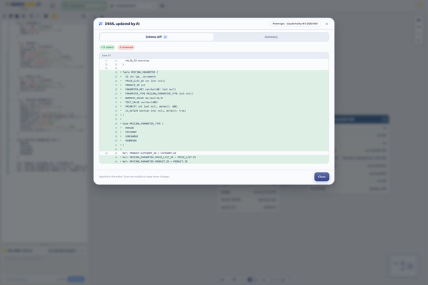 Edit DBML with AI result modal showing the schema diff