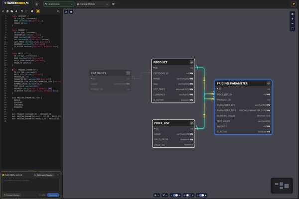 ERD with a selected table and animated one-to-many relation flow