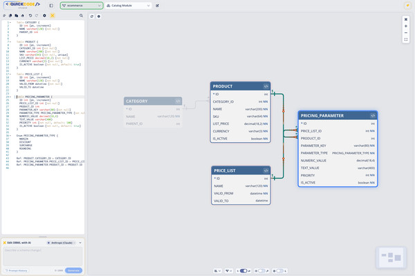 ERD with a selected table and animated one-to-many relation flow