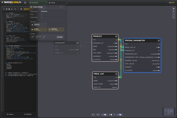 Project settings in QuickCode Studio