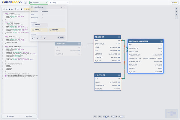 Project settings in QuickCode Studio