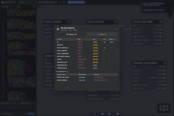 Table details popup showing columns and relationships