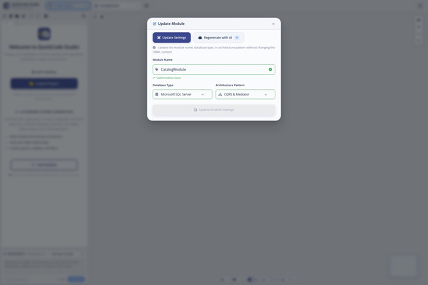 Module settings with database type and architecture pattern